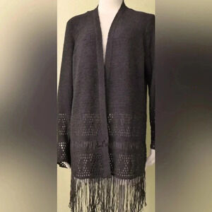 MICHAEL KORS Crochet Fringe Open Front Cardigan  Black Size L